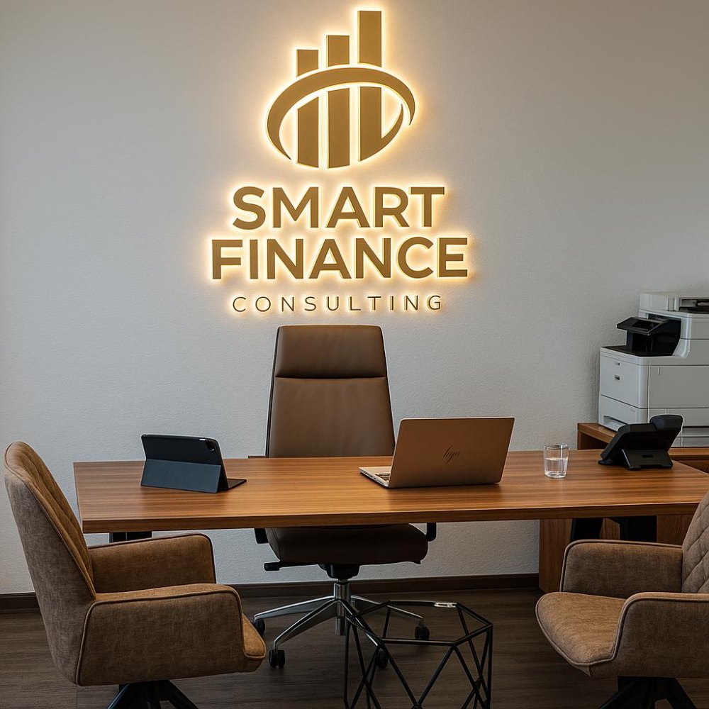 Büro von Smart Finance Consulting in Neuss: Besprechungstisch mit Laptop und dem beleuchteten Firmenzeichen an der Wand